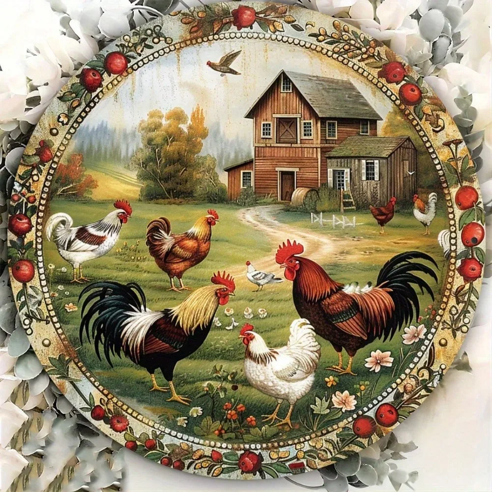 Vintage-Huhn-Metallschild (8 x 8 runde) – rustikale Eisen-Wandkunst mit humorvollen Tiermotiven, wasserdicht für Innen-/Außendekoration