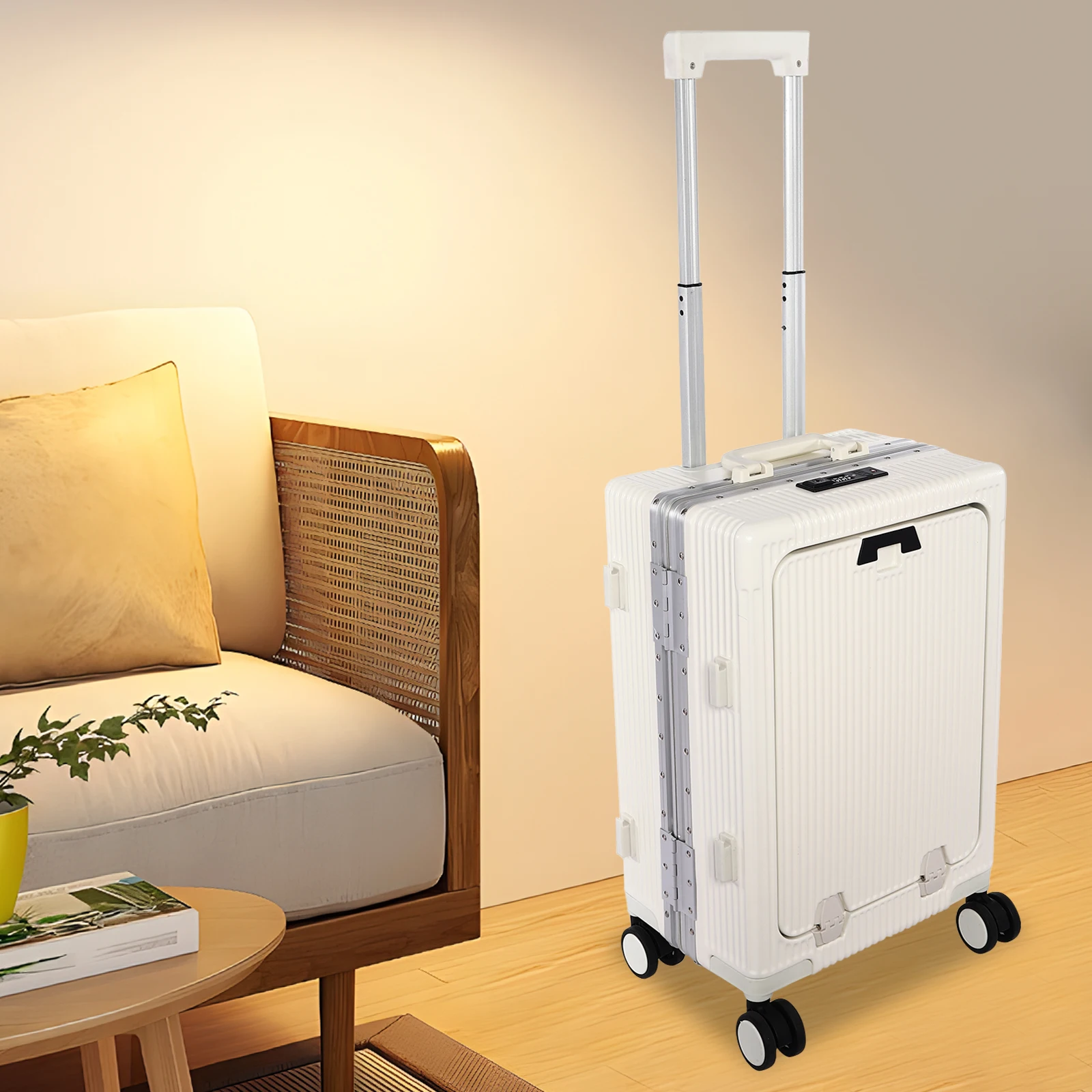 White 20" Boarding Suitcase(Convenient Design) - 45°-120° Front Compartment Opening&USB Port, Cup Holder&Hook(Free Hands)