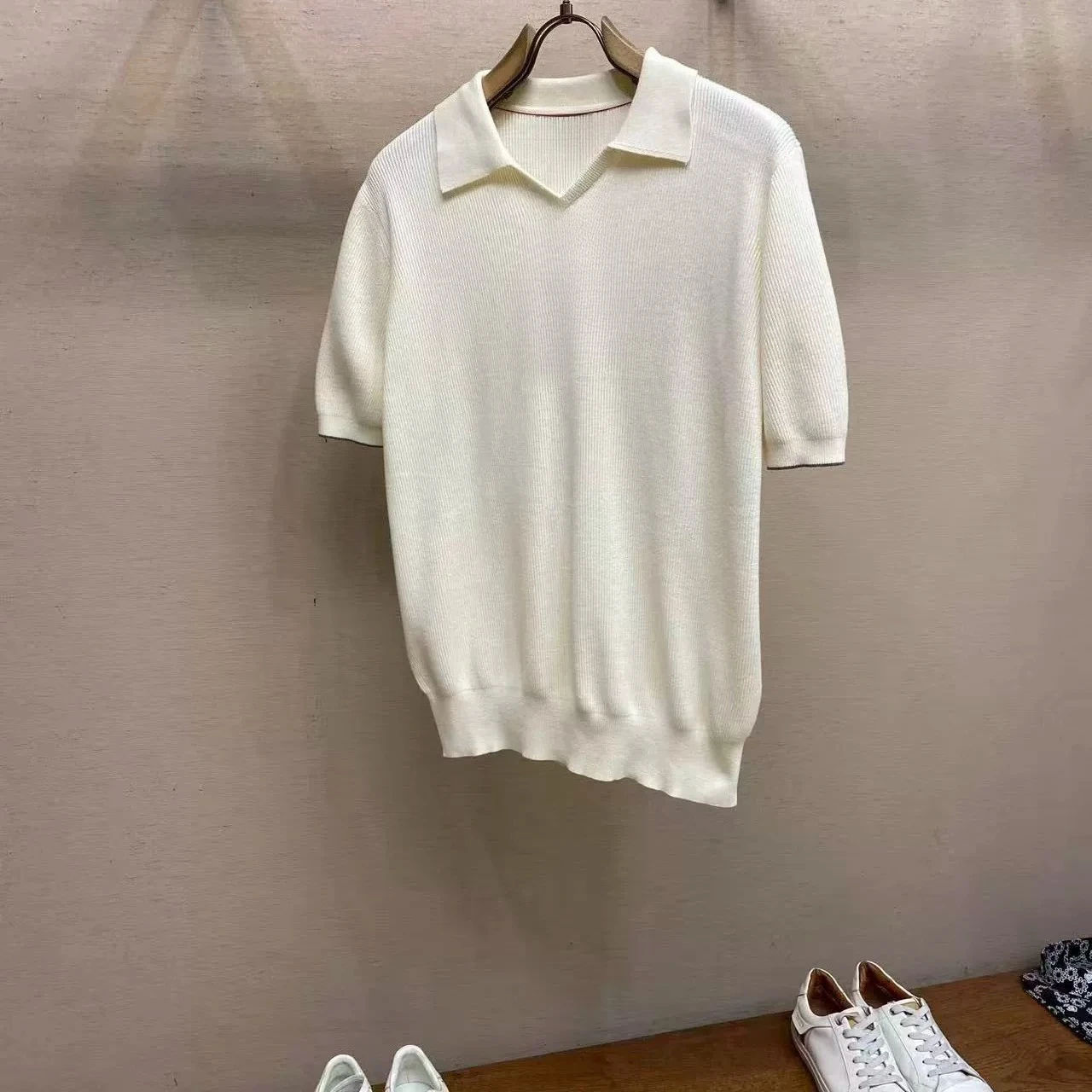 Italy BC Men's Seagull Neck Ribbed Knitted Polo Shirt Lapel Short Sleeve POLO Shirt