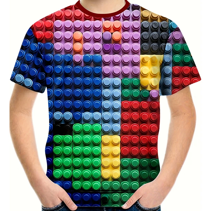 Kids T-shirt Colorful Building Blocks 3D Print T-shirt Boy Casual Tees Fashion Short Sleeve T-shirt For Boy Summer Tops Camiseta