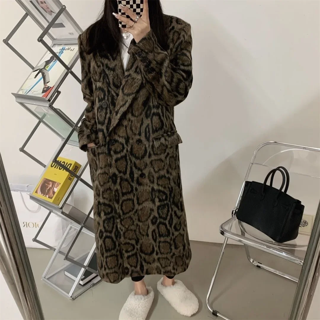 Double-breasted leopard print suit woolen coat for women 2024 winter new style loose silhouette mid-length woolen coat trendy