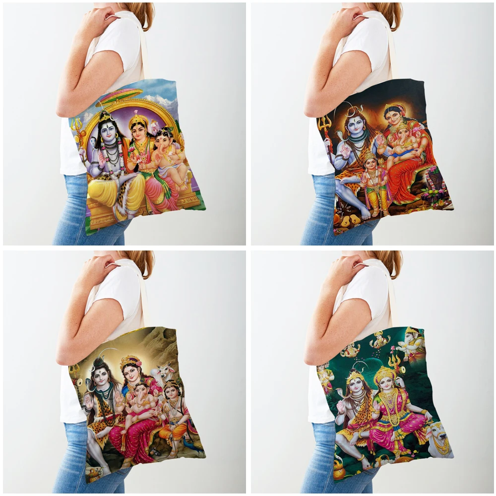 Indian Mythology  Women Shopping Bags Both Sides Cartoon Casual Shiva Ganesha Shopper Bag Canvas Lady Travel Tote Handbags