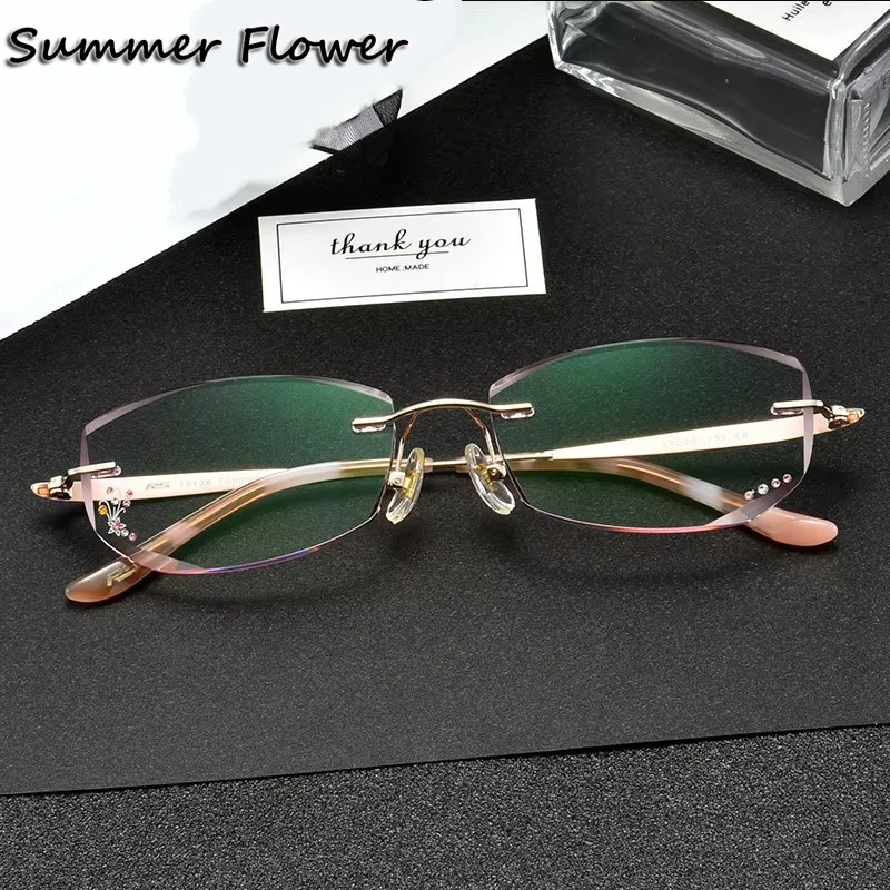 

Prescription Glasses Women Rimless Eyeglasses Frames Luxury Engraved Tint Crystal Titanium Spectacles Customize Lenses