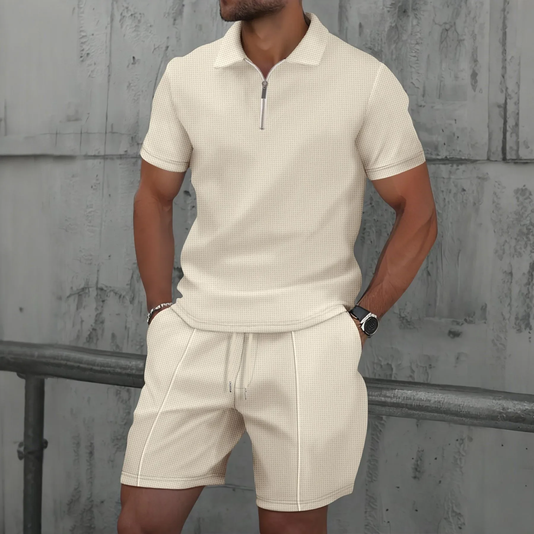 

2025 Men Europe and the United States new summer Waffle solid color zip-up lapel short-sleeve suit shorts two sets