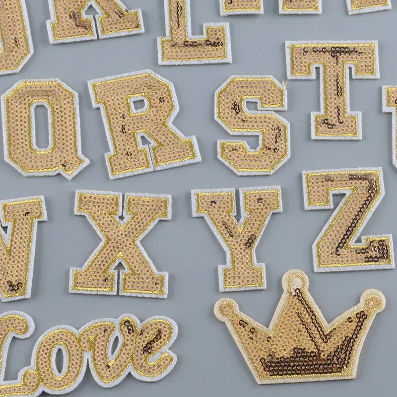 Golden Sequins Embroidery Patches 26 Capital English Letters Iron on Alphabet Appliques Thermo Adhesive Love Crown Sparkle Patch