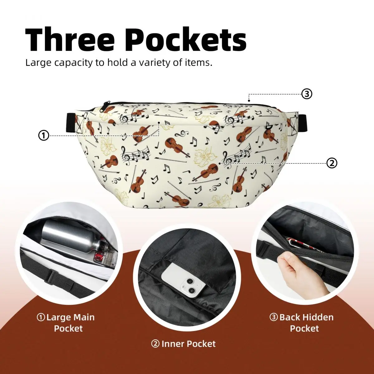 Crossbody-Gürteltasche mit Musiknoten-Muster - usage example