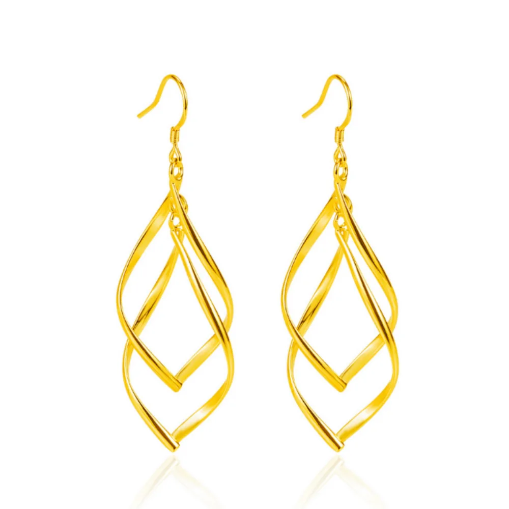 European and American 9999 24K Real Gold Creative 24k Gold Double Swirl Buckle Long Earring Simple Accessories Earrings