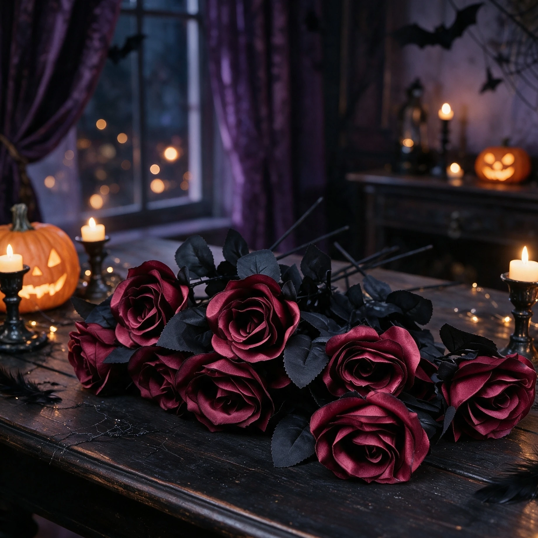 Autumn Artificial Silk Rose Flower Bouquets Halloween Goth Party Holiday Wedding Indoor Dining Table Centerpiece DIY Decorations