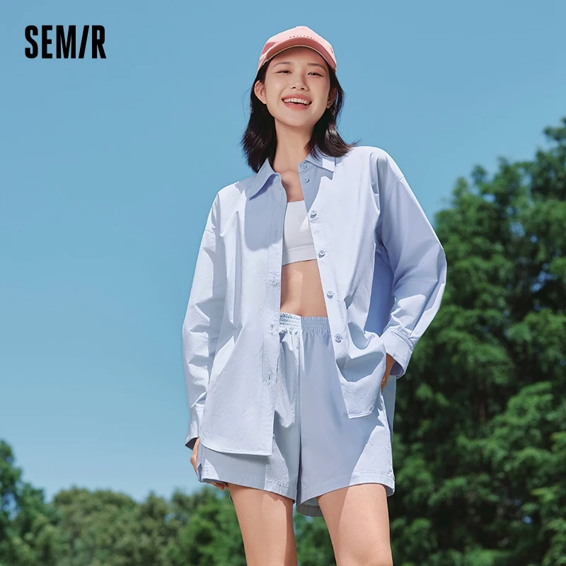 Semir Shirt Women Mid-Length Shirt with Split Hem A-line Shorts 2024 New Autumn Solid Color Loose Two-Piece Set for Commuting