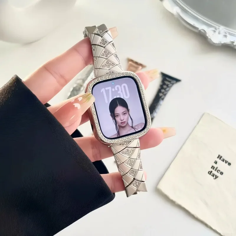 Metal Watch Band Compatible with Apple Watch S11 S12, Women Shiny Fish Tail Butterfly Clasp Adjustable Replacement Wrist Strap