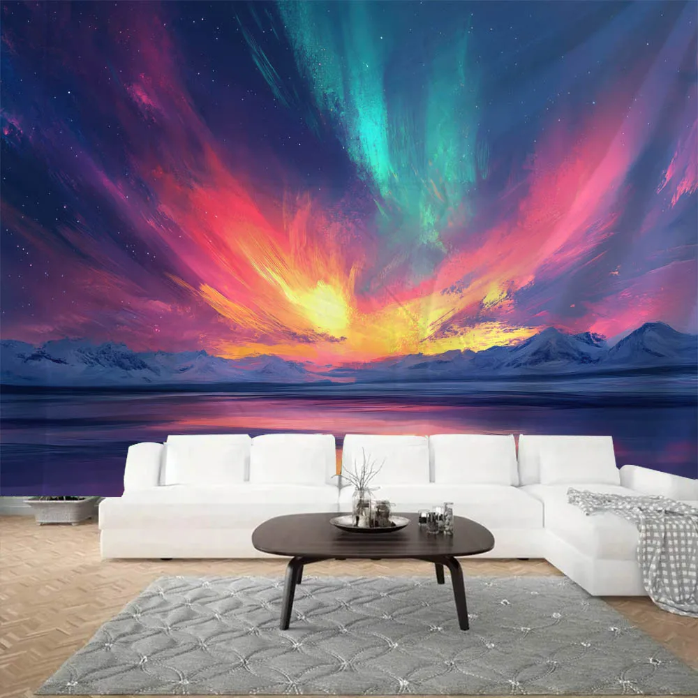 

Snowy Mountain Aurora Tapestry Starry Night Lake View Multi Size Wall Hanging Aesthetics Home Living Room Decoration Background