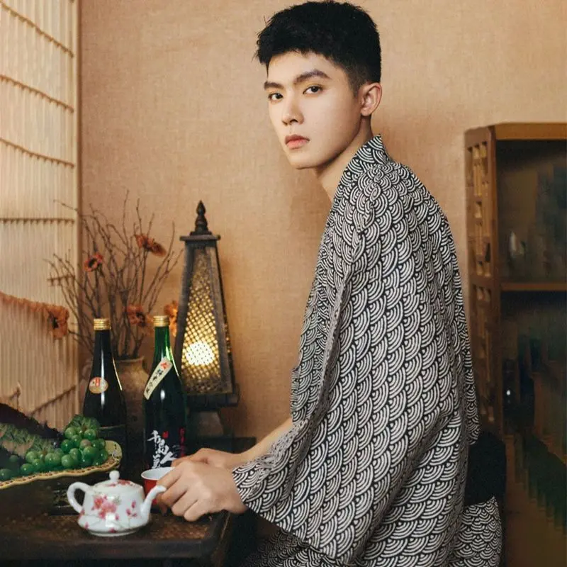 Retro Traditional Japanese Men Kimono Yukata Robe, Black Blue Samurai Outfit For Photo Shooting And Daily Casual Home Wear