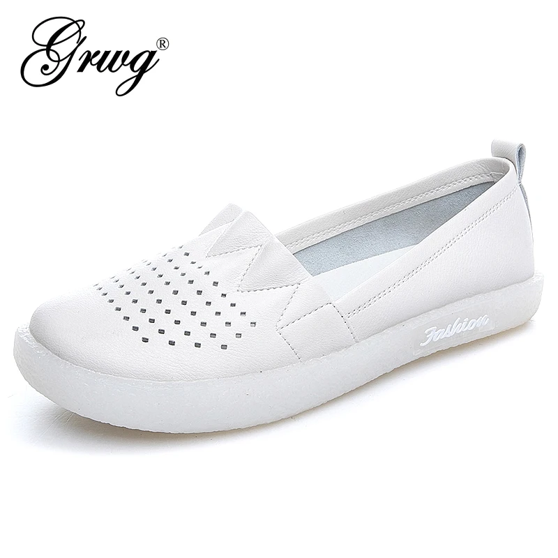 Genuine Leather Women Slip on Sneakers Shallow Loafer Shoes Breathable Hollow Out Casual Ladies Shoes Woman Plus Size