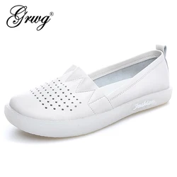 Genuine Leather Women Slip on Sneakers Shallow Loafer Shoes Breathable Hollow Out Casual Ladies Shoes Woman Plus Size