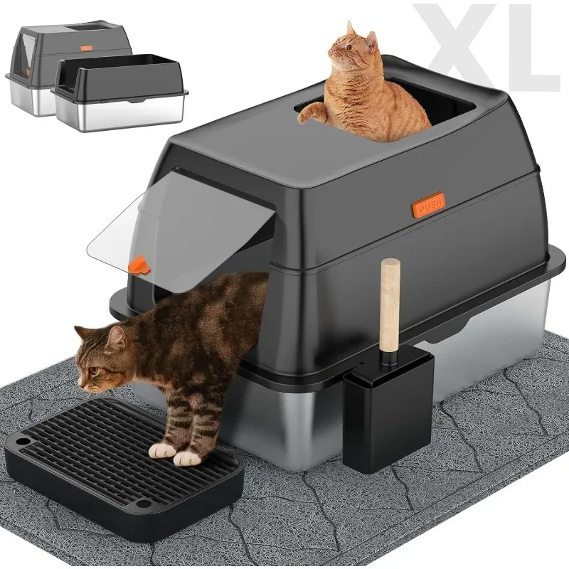 Stainless Steel Litter Box with Lid,Front Entry Top Exit Kitty Box,Extra Large Enclosed Metal Scoop & Mat-Black