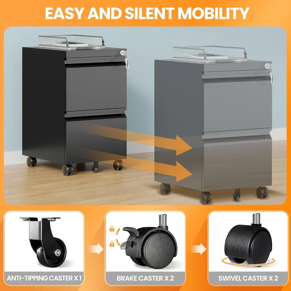 Secure Rolling Metal File Cabinet for Home Office, 2-Drawer Storage with Lock, Compact Under Desk Filing System