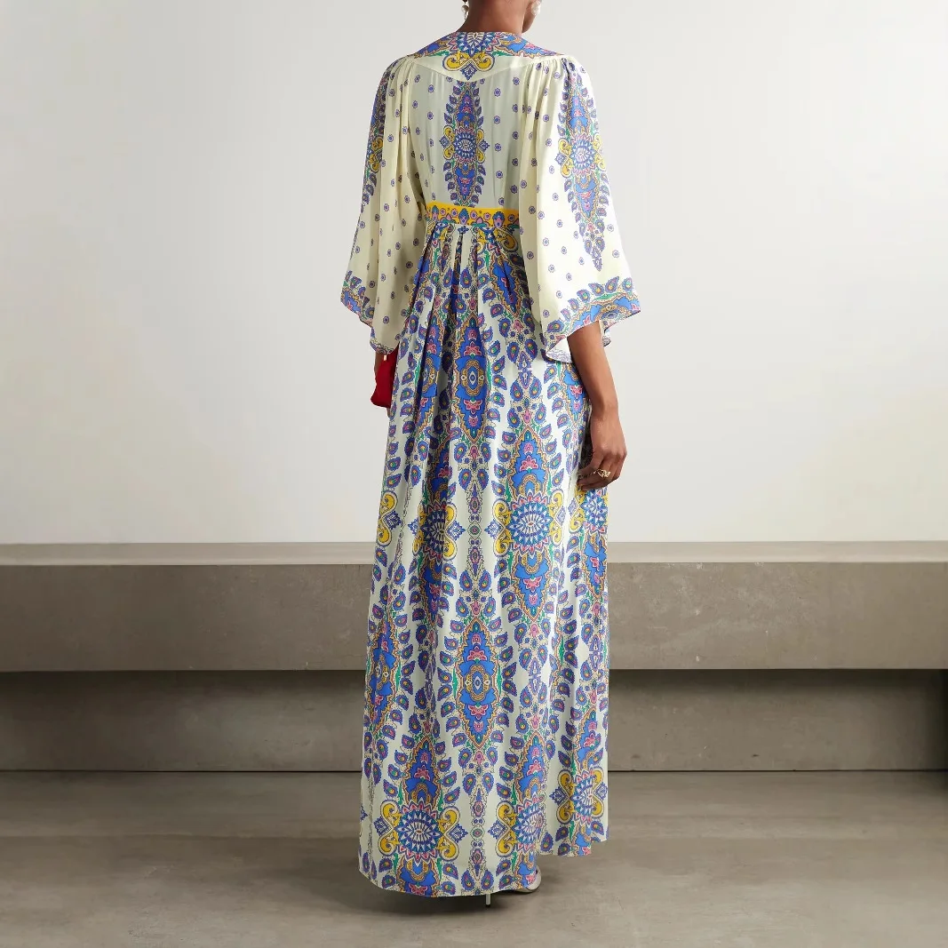 

Summer Bohemian Tunic Printed Loose Dress Fashion Sexy V-neck Full Sleeve A-Line Dress Holiday Casual Beach Long Dress For Woman