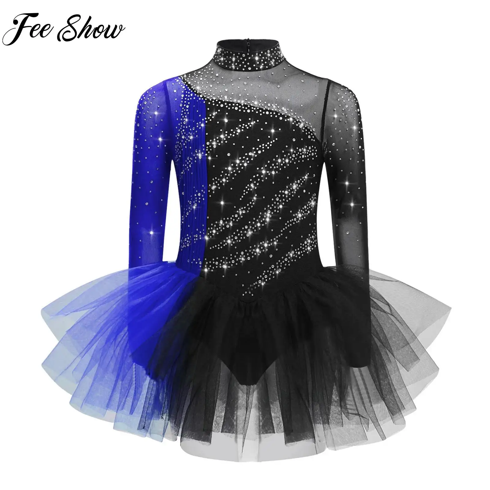 

Teen Girls Ballet Dress Children Kids Figure Skating Gymnastics Performance Dancewear Long Sleeves Rhinestones Color Block Dress