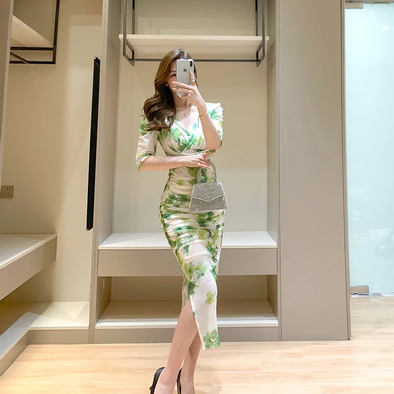 2023 Summer Fashion Formal Dress White Green Print Short Sleeve Pleated Slit Dress Elegant Slim Bodycon Office Lady Dress