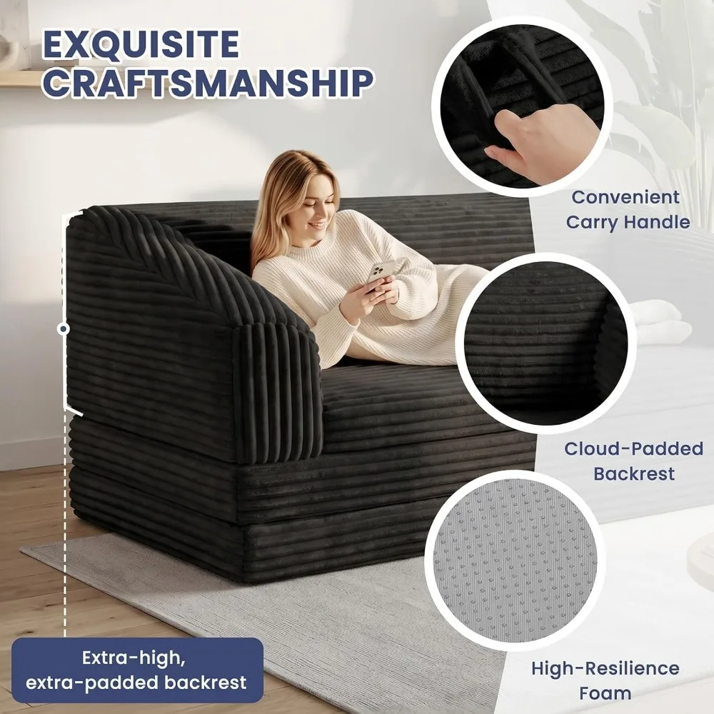 Convert Tri-Folding Sofa Bed, Thick Backrest & Carry Handle, Foldable Sleeper Sofa for Living & Guest Rooms, Soft Corduroy view 6