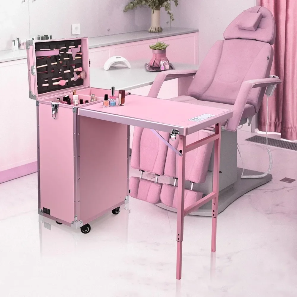 Nail Desk Foldable Rolling Manicure Table  Makeup Train Case with 4 Drawers Mirror, Features a bottom compartment with 4 drawers