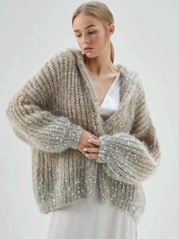 Fall Winter Knitted Sweater Coat Loose Hooded Sequined Cardigan Jacket Women Winter Warmer Sweaters