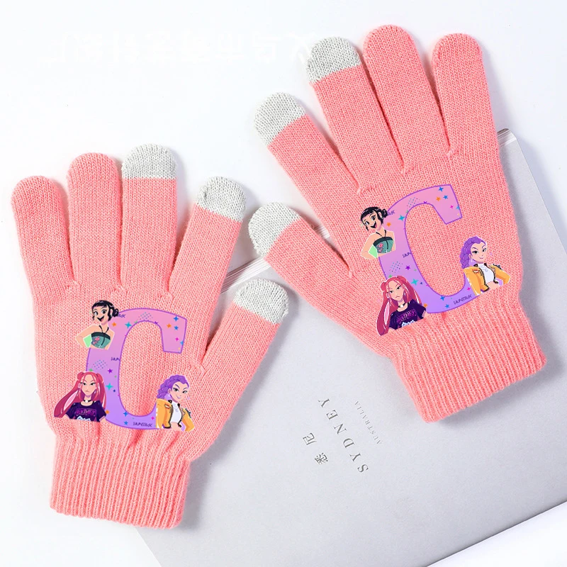 Kpop Demon Hunters Modische Strickhandschuhe für 5–15 Jahre alt, Cartoon-Buchstaben bedruckte Fäustlinge, Winter, winddicht, warme Handschuhe, Geschenke