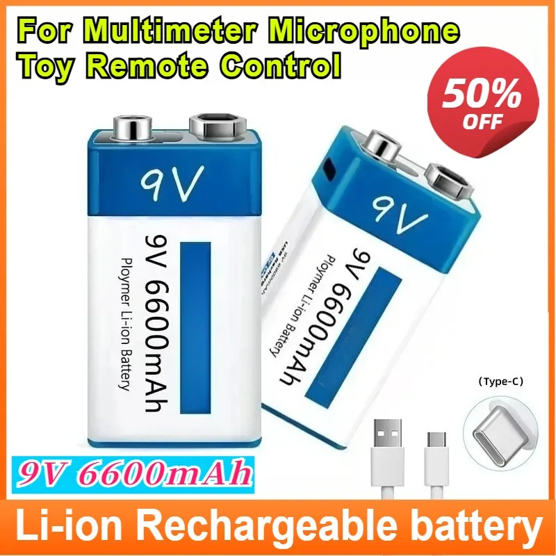 

9V 6600mAh Battery Li-ion Rechargeable Battery Type-C USB Batteries 9V Lithium for Multimeter Microphone Toy Remote Control