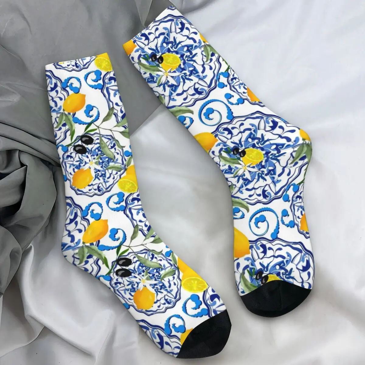 

Мужские носки в стиле ретро, синие цветочные чулки с лимонными фруктами, зимние модные мягкие носки, велосипедные носки с графическим рисунком, против пота