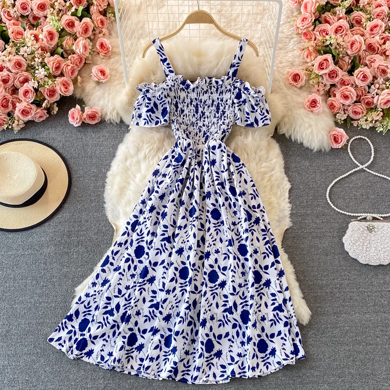 Coreano Chiffon floreale Camis prendisole donna delicato Off spalla manica corta pieghe elastico sottile 2023 spiaggia abito lungo