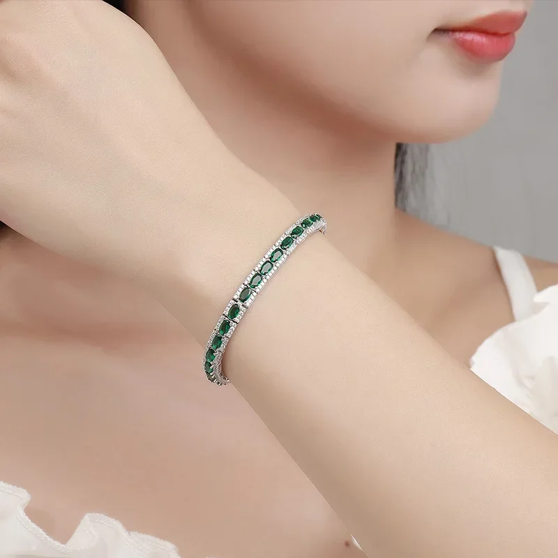 100% 925 Sterling Silver Green Spinel High Carbon Diamonds Charm Bracelet Bangle for Women Man Anniversary Party Fine Jewelry