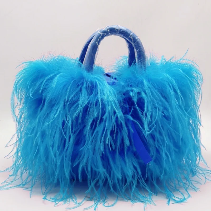 Luxury Fashion Ostrich Feather Party Evening Clutch Bag Women Wedding Purses and HandbagsShoulder Chain  Designer Bag