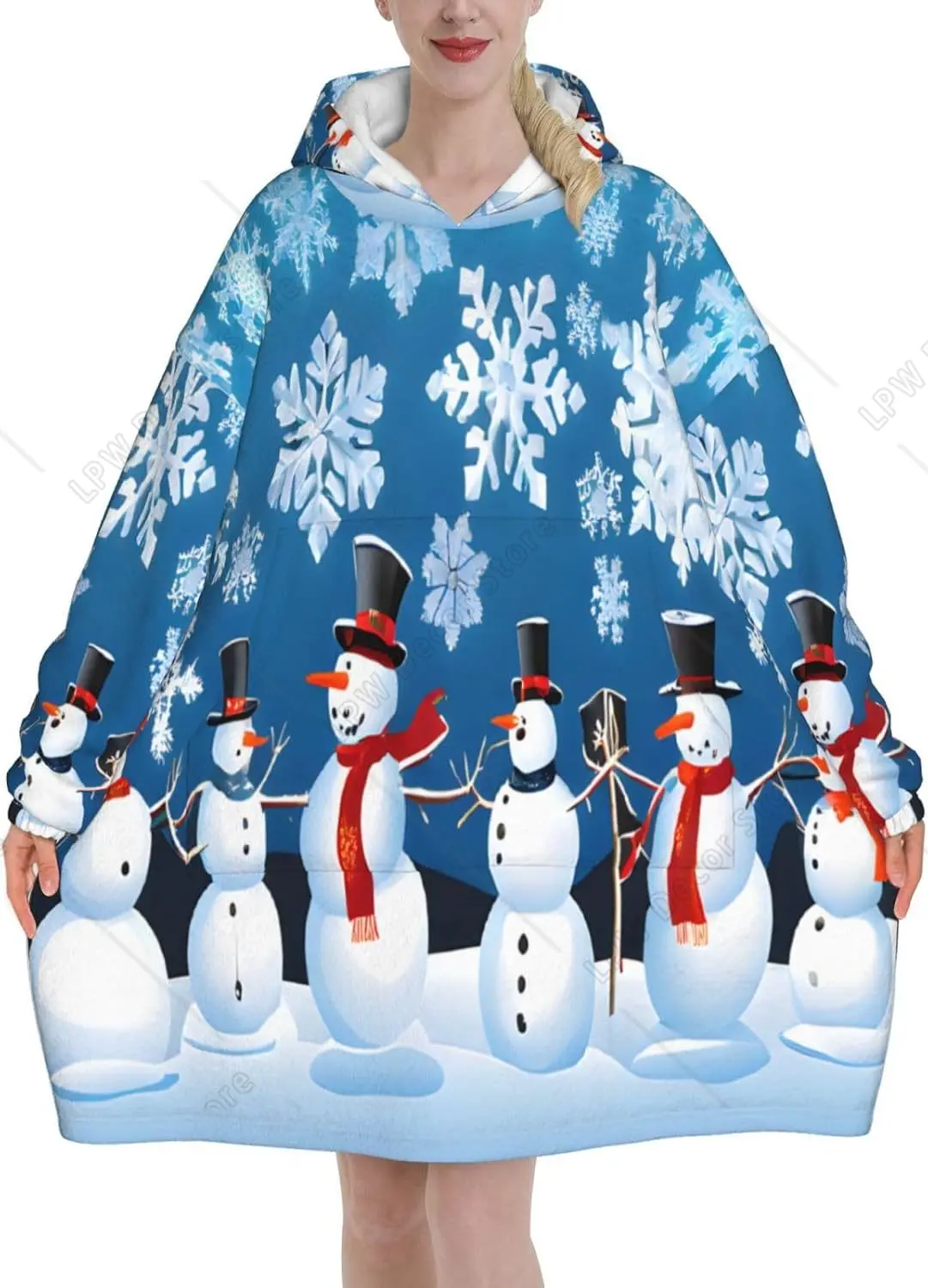 

Winter Snowman Wearable Blanket Hoodie for Women Men Adult Soft Warm Blanket Flannel Hooded Sweatshirt with Pocket