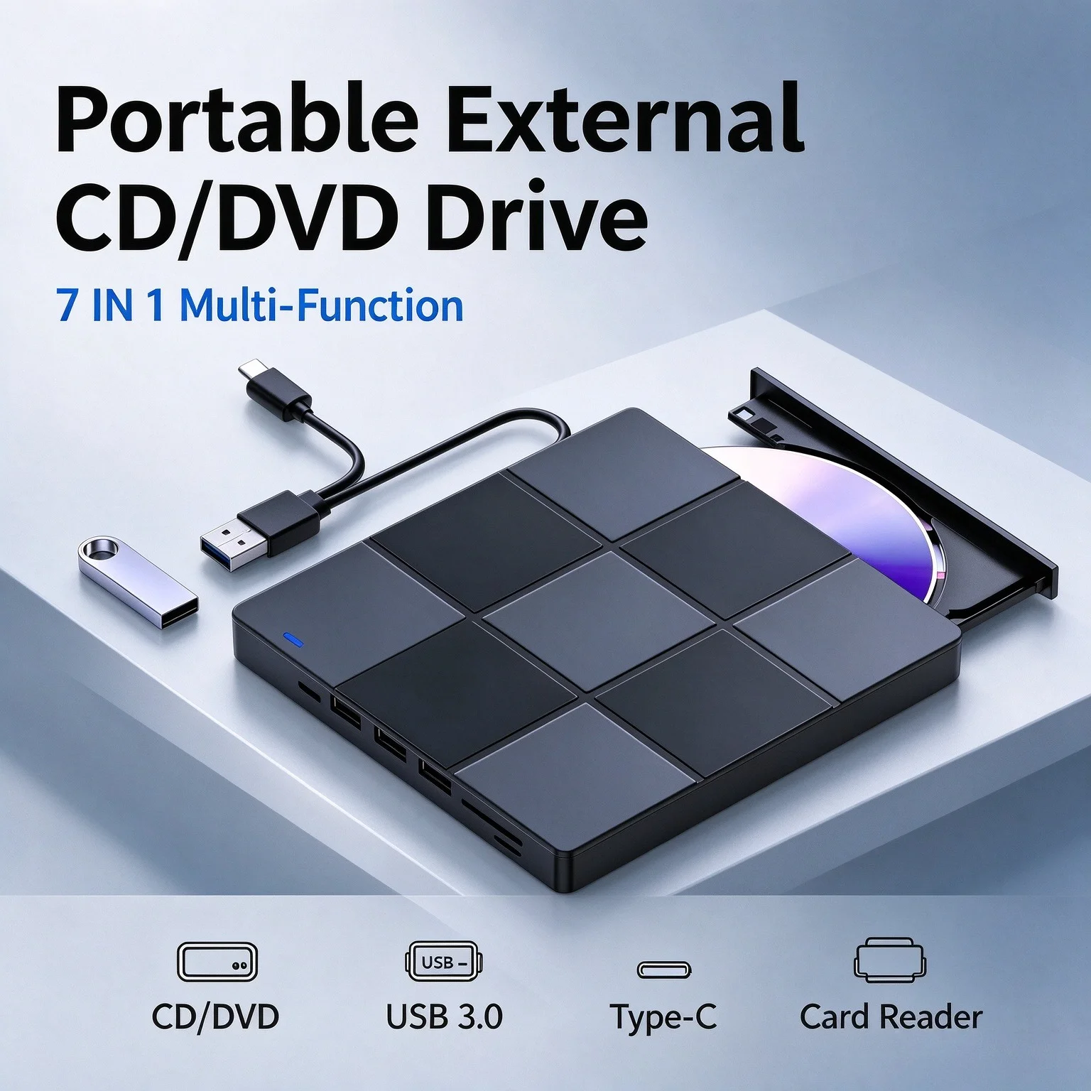 Portable CD DVD Player & Burner External DVD Drive USB 3.0 & Type-C DVD/CD Reader Lightweight for Laptop PC