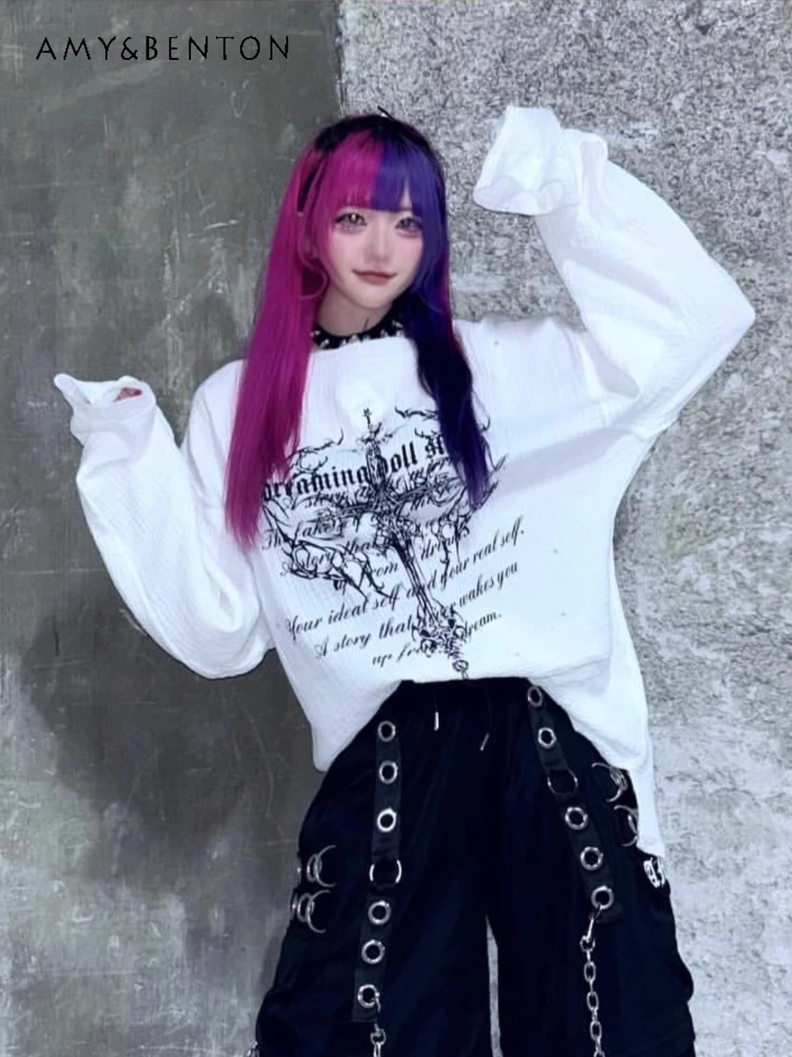 

Japanese Mine Subculture Dark Punk Cross Distressed Off-Shoulder Long Sleeve T-Shirt Women Y2K Hot Girl Gothic Oversized Tops