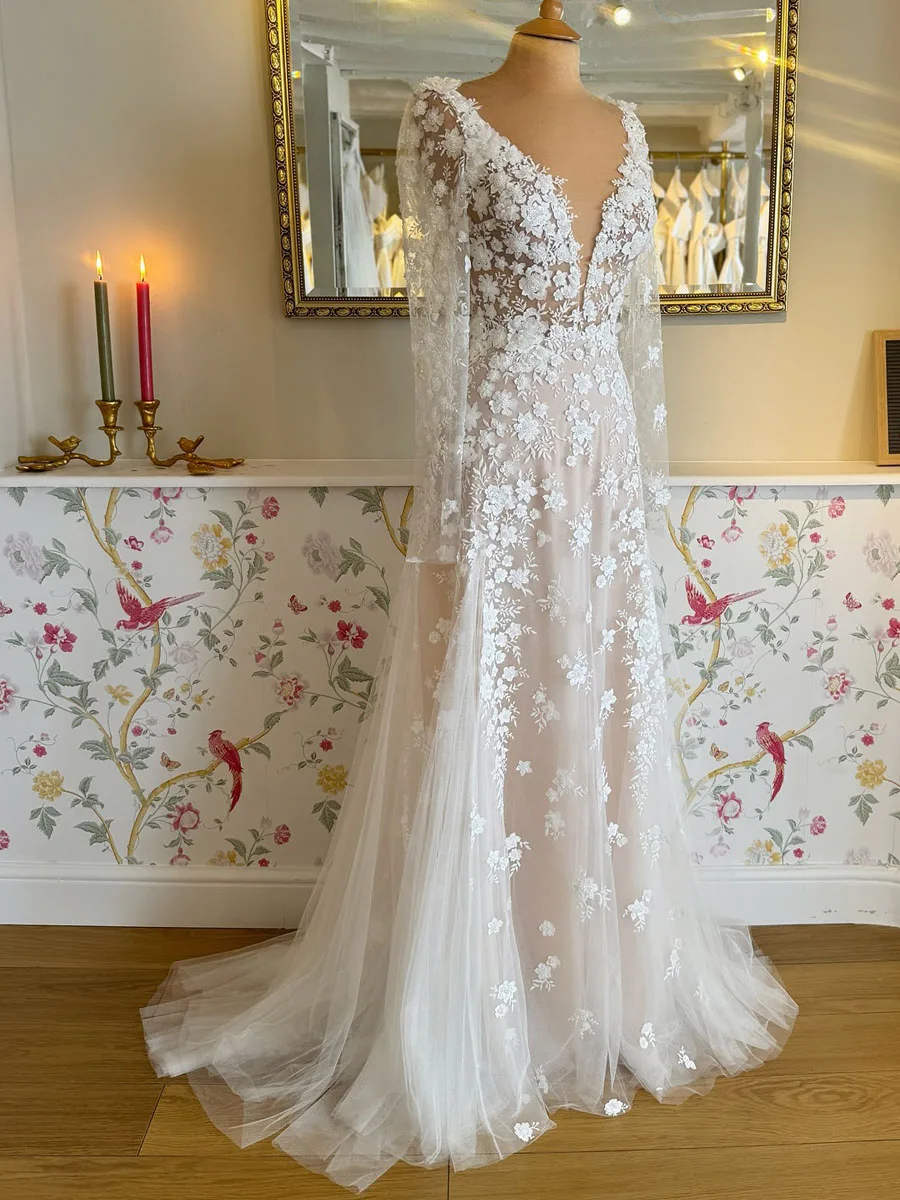 

Сексуальные свадебные платья с глубоким V-образным вырезом и длинными рукавами, свадебные платья с открытой спиной, кружевное ТРАПЕЦИЕВИДНОЕ шифоновое платье со шлейфом, 2024