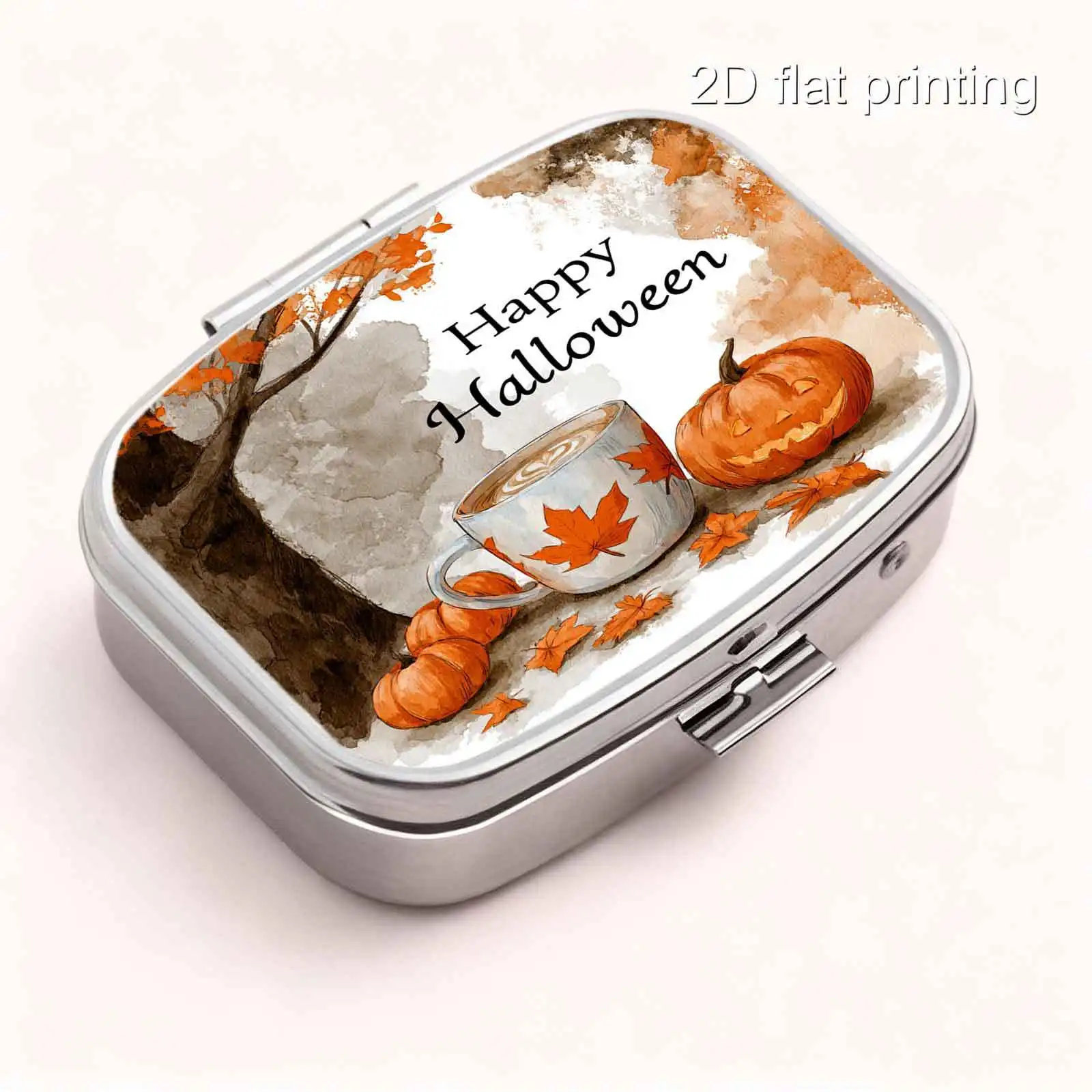 1Pc Flat Printing Pill Box, Portable Metal Material, Halloween Floral and Leaf Cup-Shaped Pumpkin Happy Halloween Decorative Design, Warm-Toned Retro Pastel Square Style Design - Pocket-Sized Pill Box - Portable Small Pill Box - Mini Pill Box - Convenient for Storing Regular Medication - Easy to Store - Compartmentalized Design - Compact Pill Storage - Ideal for Gift-Giving - Lightweight and Convenient - Suitable for Personal Use and Gift-Giving - Easy to Carry with You