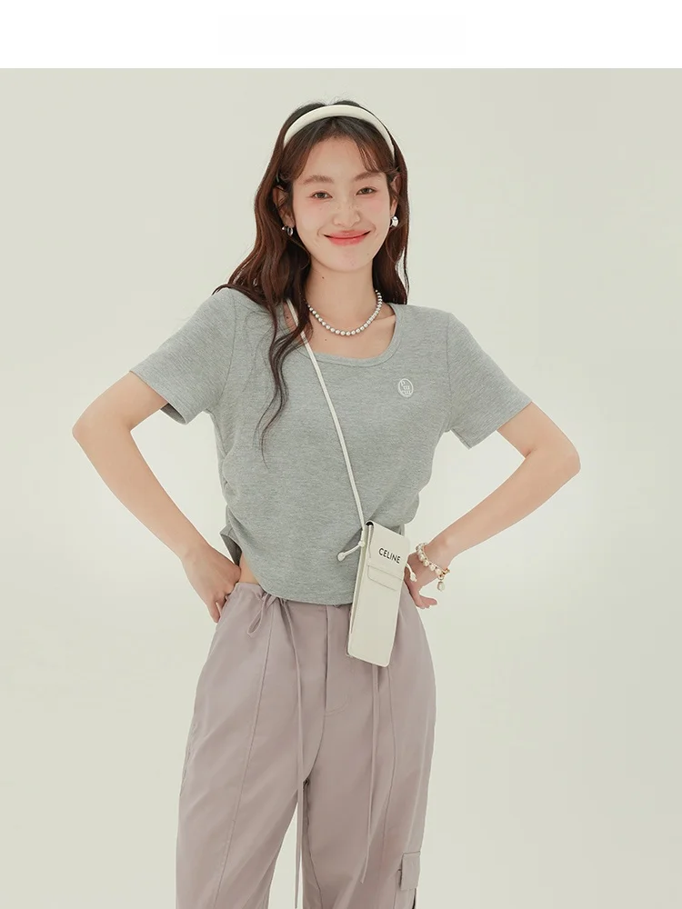 

Футболка для похудения ort Sve с квадратным воротником и широким воротником, летний топ из смеси хлопка для молодых женщин, поездок на работу, слэ