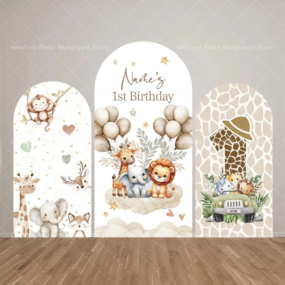 Mehofond Outdoor-Erkundungs-Bogen-Hintergrund mit niedlichen kleinen Tieren, individueller Name, hellgrau, für den 1. Geburtstag, Babyparty, Hintergrunddekoration