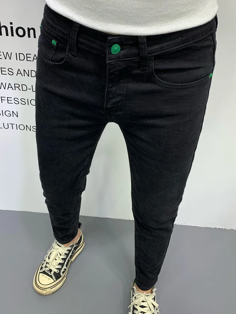 Summer New Pure Bla Men's Jeans Embroidered Letter Slim Fit Faionable Nine Point Elastic Casual Cotton Stretch Denim