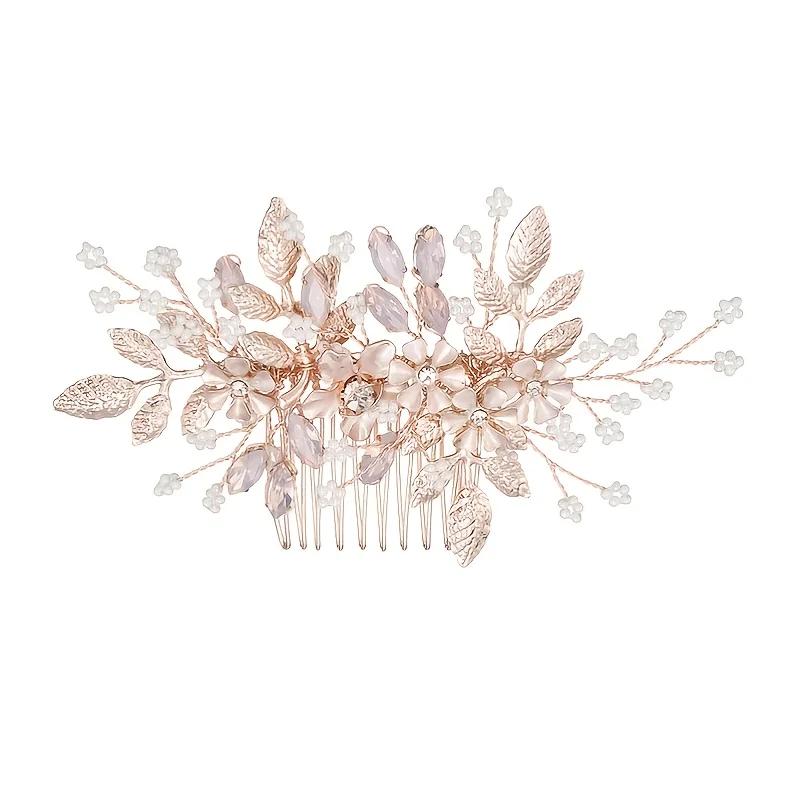 Rose Gold Color Crystal Pearl Flower Leaf Hair Comb Clip Hairpin Headband For Women Bride