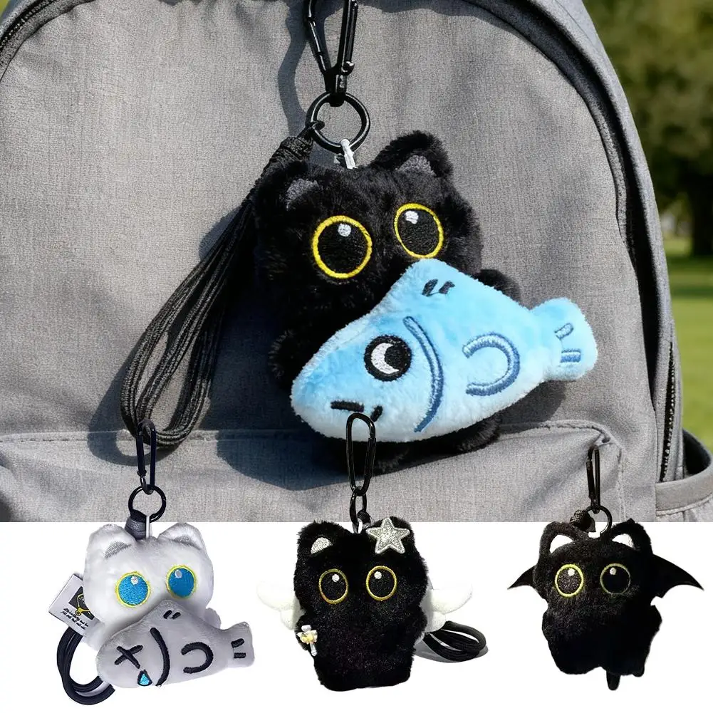 かわいい黒猫キーホルダー、ぬいぐるみキーリング、愛らしい漫画の猫ペンダント、バックパック/財布/バッグの装飾用（ギフトアイデア）