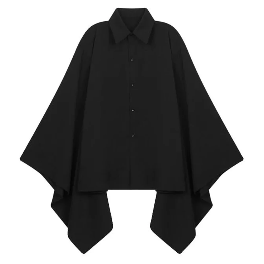 Mens Japanese Dark Style Irregular Casual Shirt Autumn Genderless Retro Solid Color Loose Bat Sleeve Long Sleeve Shirt Unisex