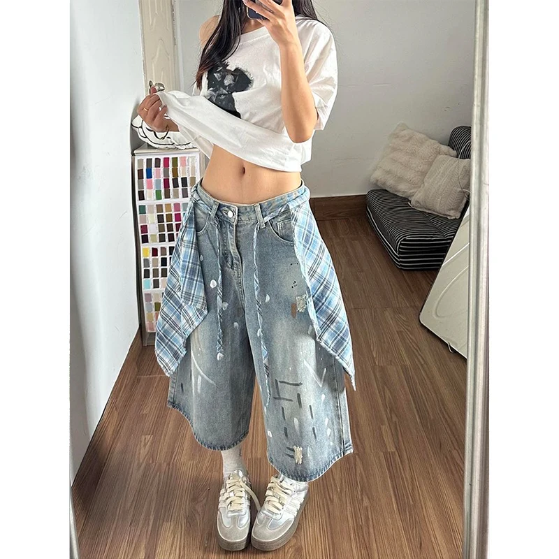 Women's Color-Block Plaid Hem Splatter Denim Capris Korean Style Yk2 High Street Wide Leg Jeans for Summer
