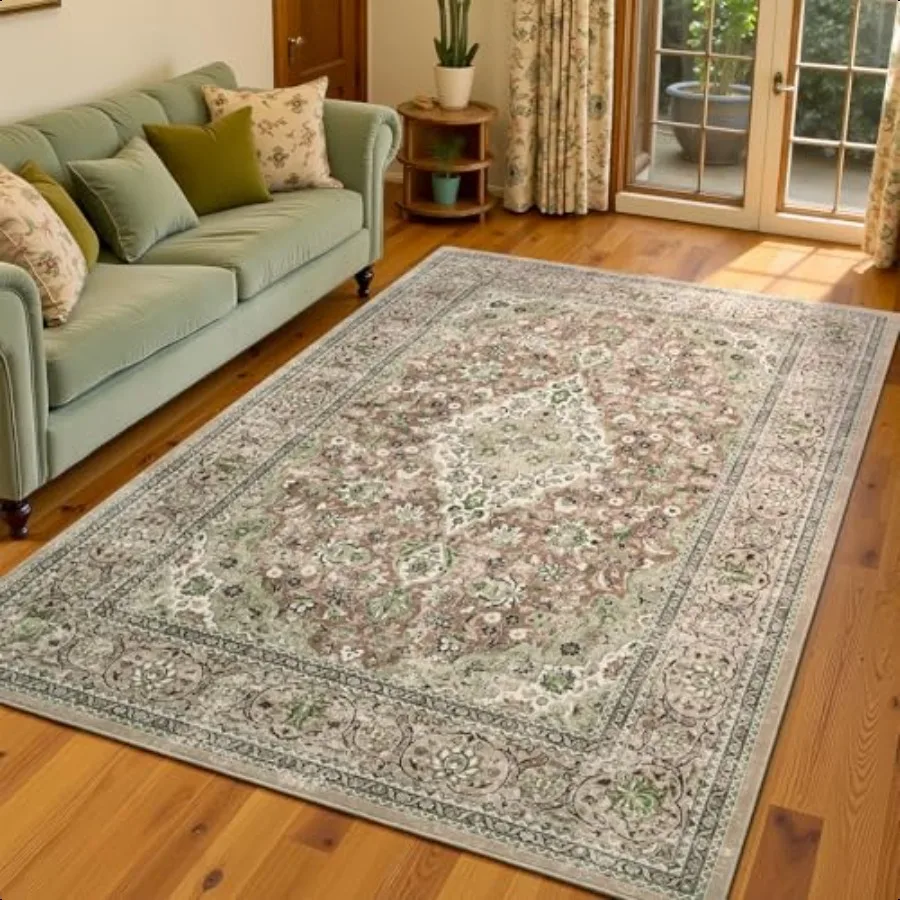 

4x6 Green Washable Boho Area Rug for Bedroom Floral Non Slip Living Room Rugs Soft Low Pile Indoor Mat Aesthetic Pattern Carpe