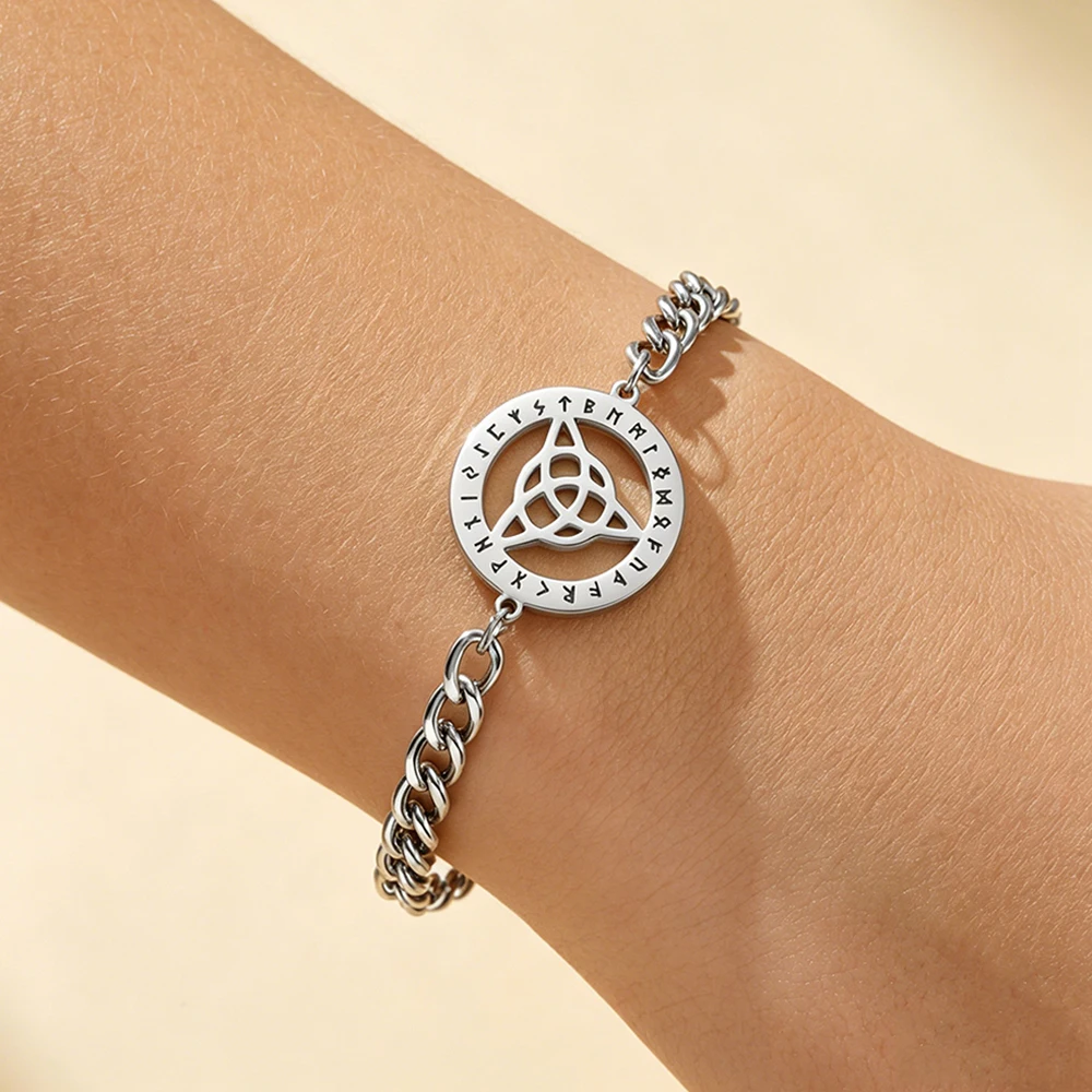 1 Stück Nordisches Runen-Triquetra-Armband aus Edelstahl, Keltischer Dreifaltigkeitsknoten, Retro-Schutz Amulett, Kubanische Gliederkette, Schmuck