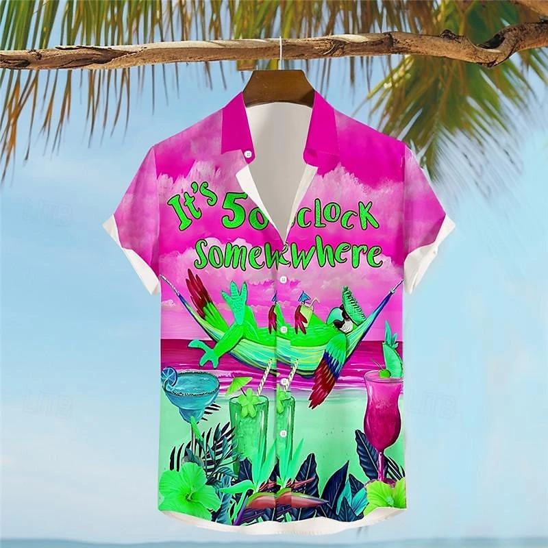 

Beach Parrot Pattern Hawaiian Shirts For Men Fashion Casual Alphabets 3D Printed Lapel Button Beach Shirt Loose Harajuku Blouse