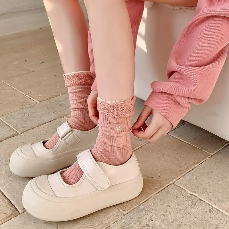 Cute Woman Socks New Preppy Style Sweet Frilly Ruffle Socks Female Breathable Cotton Japanese Style Kawaii Socks Embroidery Soft