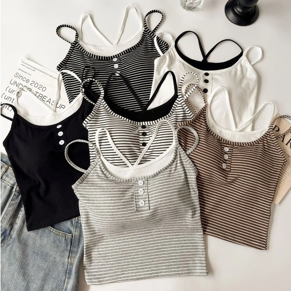 

Breathable With Chest Cushion Stripe Camisole Slim Fit Sleeveless Crop Tops Tanks Korean Ins Suspender Vest Travel