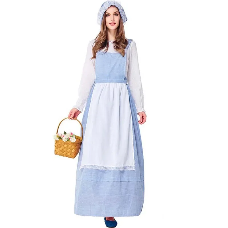 Halloween Fantasia Party Cosplay Farm Maid Costume Sky Blue Plaid Kitchen Lady Dress M-2XL